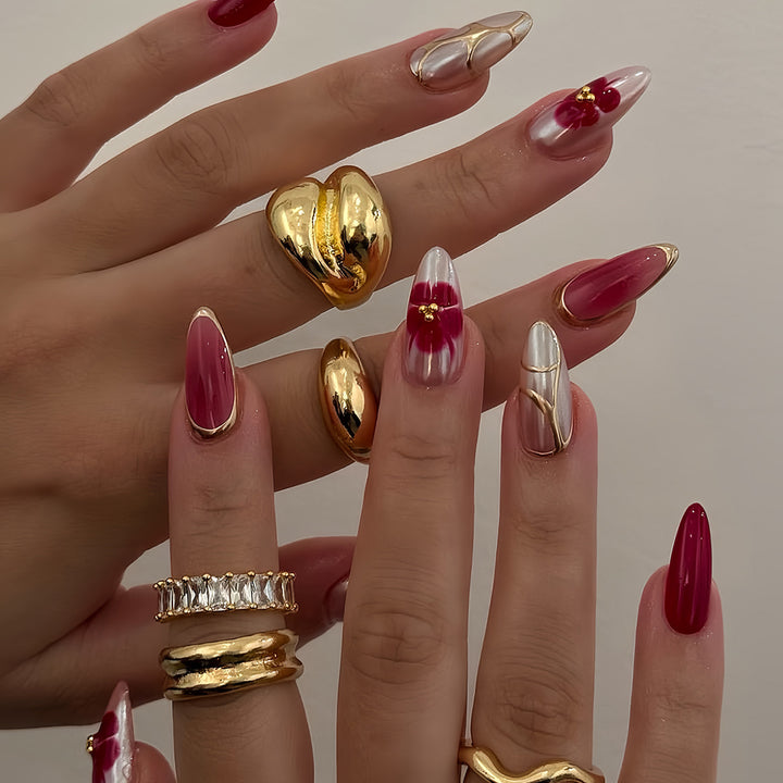 Artistic Press-On Nail Art Set with Floral Accents Kalsten