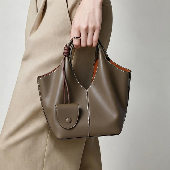 Curved-Top Soft Leather Bucket Tote with Hanging Mini Pouch