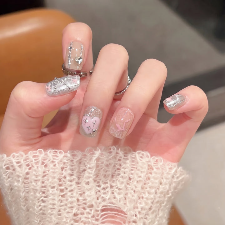 Decorative Press-On Nail Set with Heart and Silver Accents Kalsten