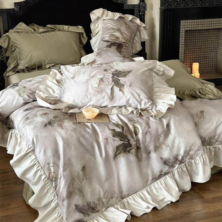 Luxurious satin bedding set with ruffles and watercolor flowers