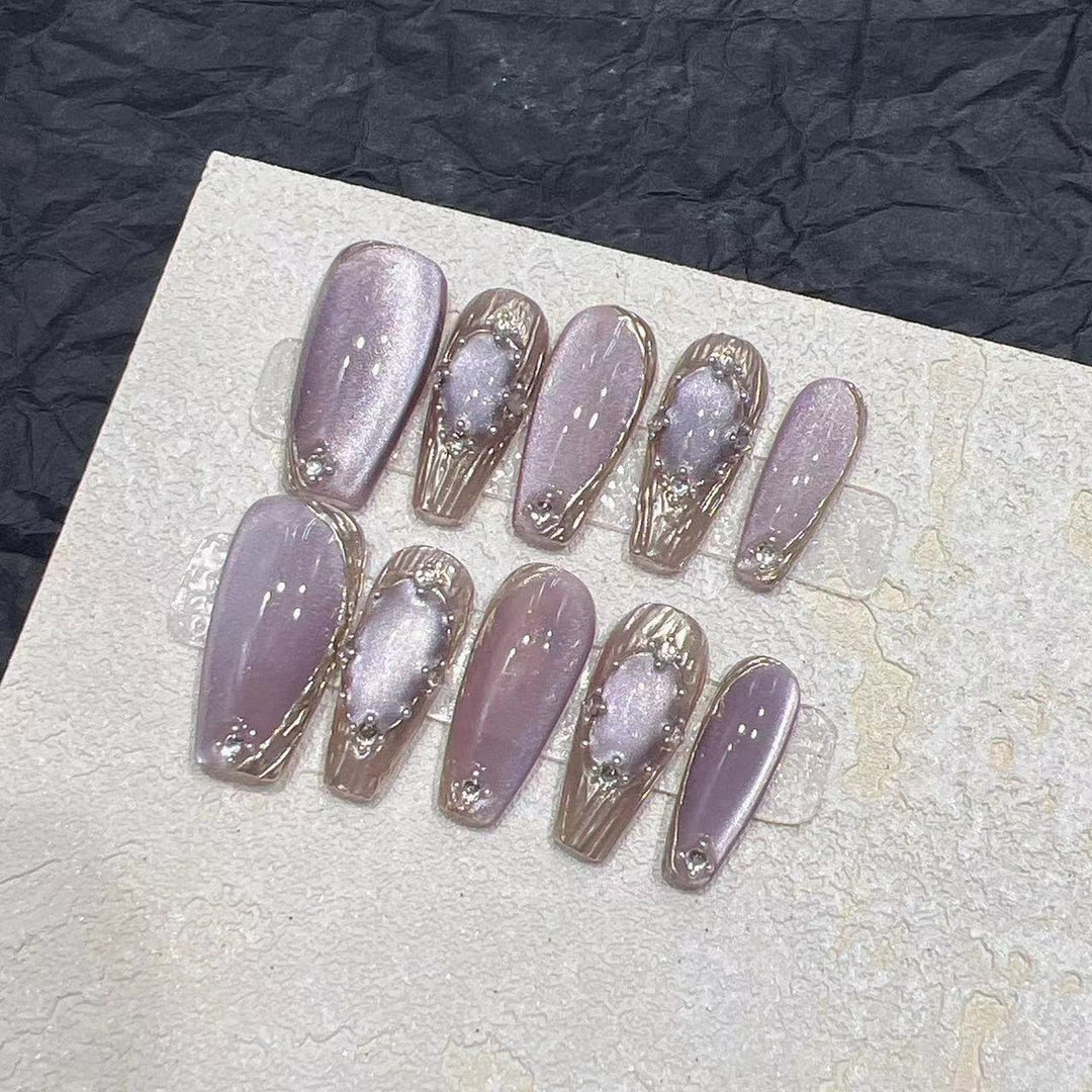 Elegant Press-On Nail Set with Artistic Metallic Design Kalsten