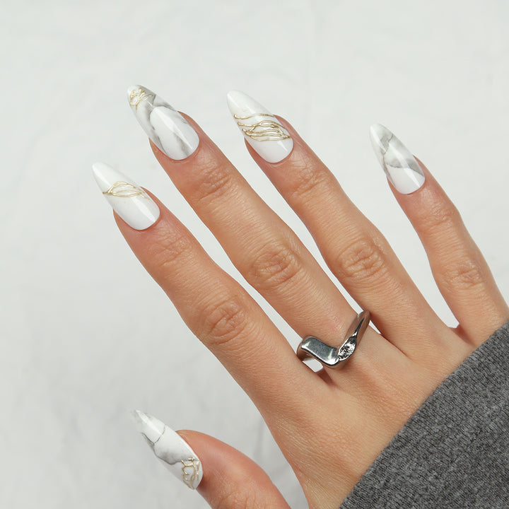 Elegant Stiletto Press-On Nails with Marble and Gold Accents Kalsten