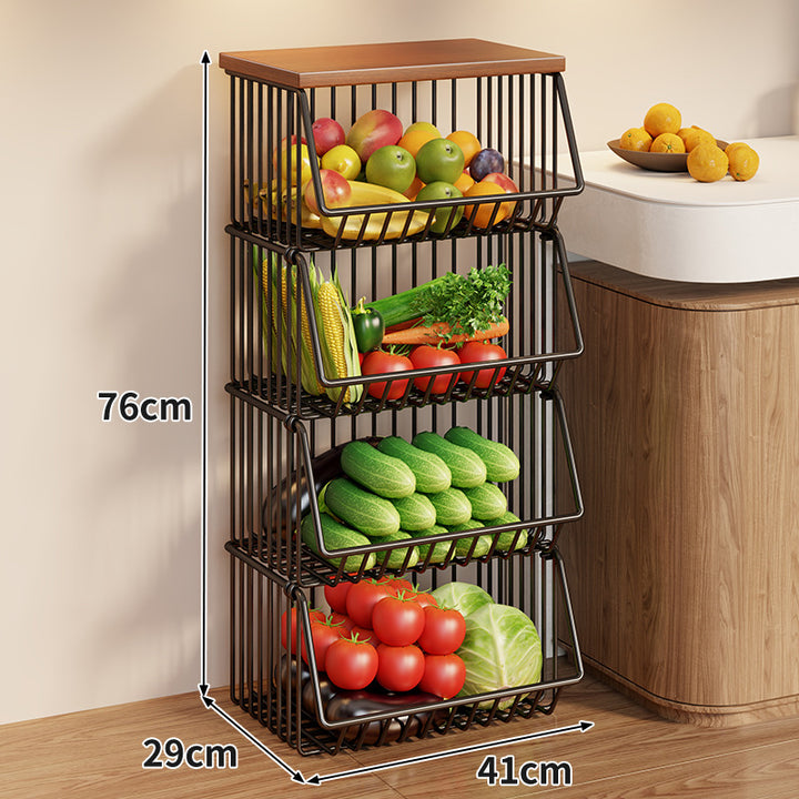 Compact Triple-Tier Rolling Wire Vegetable and Fruit Storage Cart with Wooden Top
