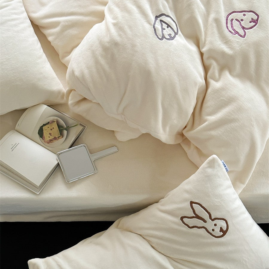 cozy fluffy microfiber bedding set with embroidered rabbit motifs