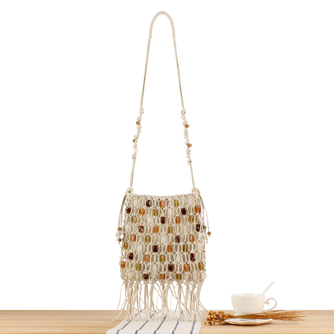 Hand-knotted shoulder bag with decorative beads and fringes Kalsten