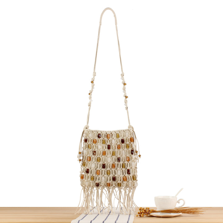 Hand-knotted shoulder bag with decorative beads and fringes Kalsten