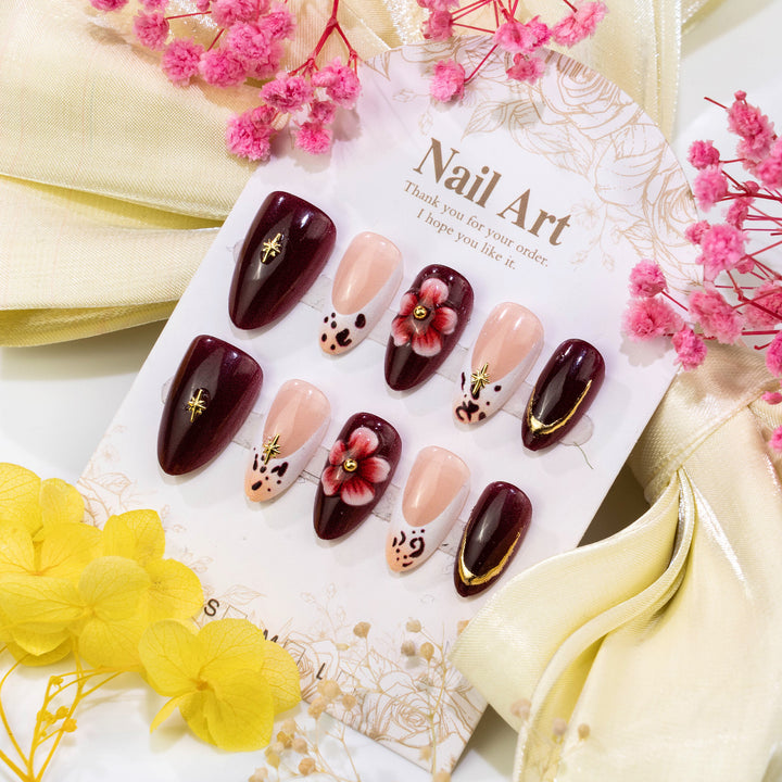 Artistic Press-On Nail Set with Floral and Leopard Accents