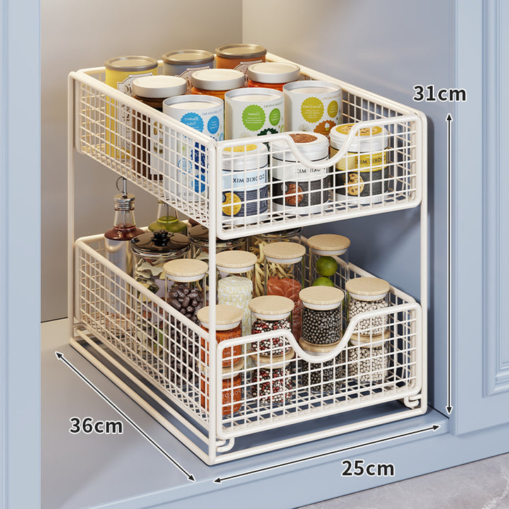 Two-Tier Metal Wire Pantry Basket Organizer with Slide-Out Drawers