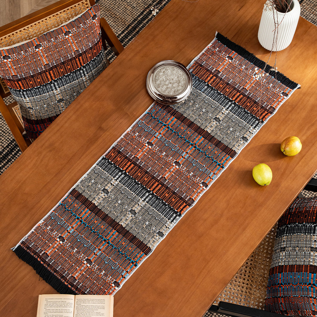 Woven table runner in ethnic look made of cotton blend with fringes Kalsten