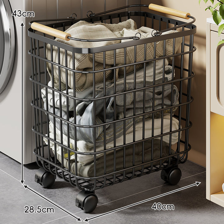 Rolling Wire Mesh Laundry Basket with Wooden Handles and Locking Swivel Casters