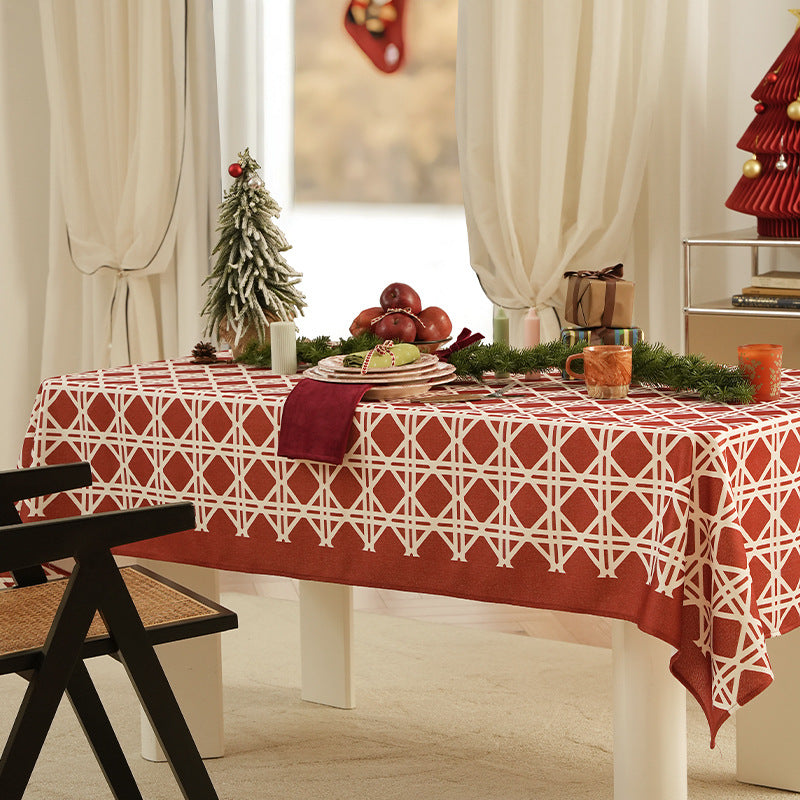 Rectangular festive tablecloth made of cotton blend fabric with geometric grid relief and stain-resistant surface Kalsten