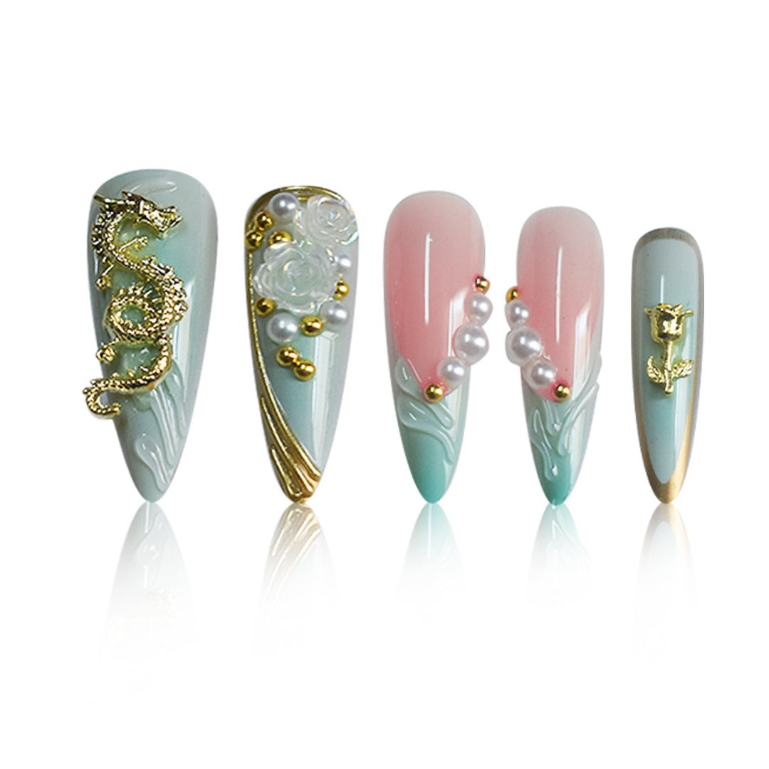 Luxurious Rhinestone and Floral Press-On Nail Art Kalsten
