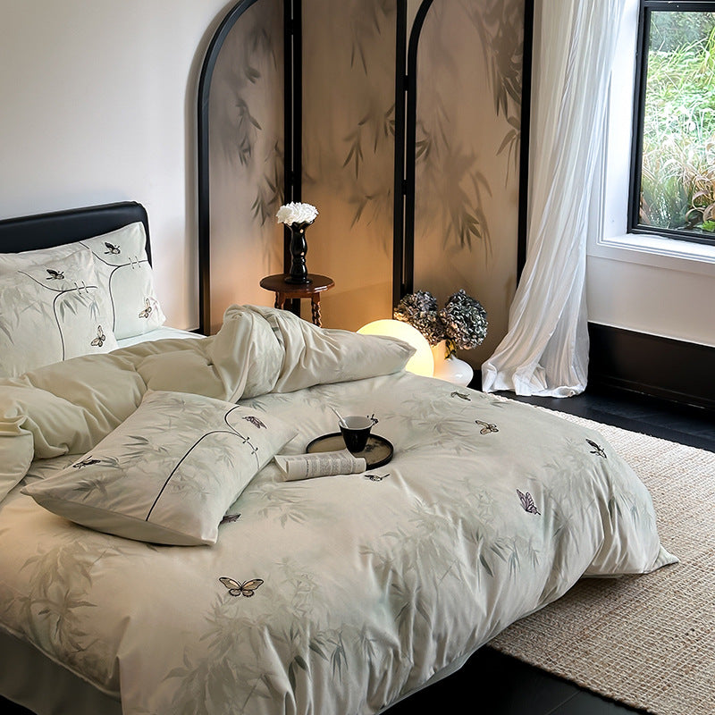 Bedding set with embroidered butterflies and delicate bamboo print