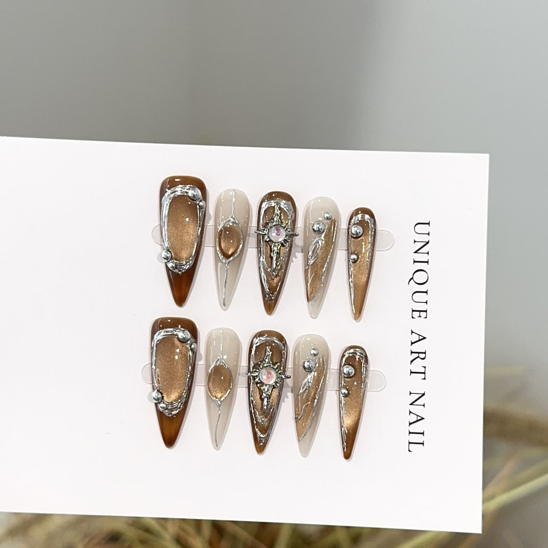 Artistic Press-On Nail Design Set with Unique Gemstone Accents