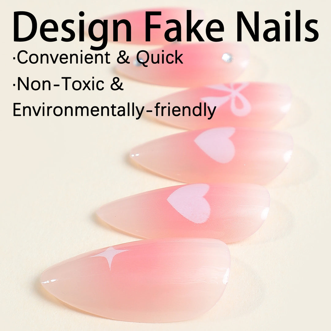 Acrylic nail set with romantic heart and bow design Kalsten