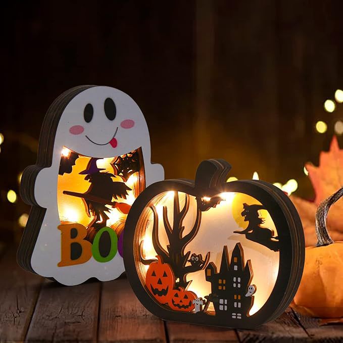 Wood decoration set three-dimensional Halloween shadow boxes with LED lighting and multi-layered motifs