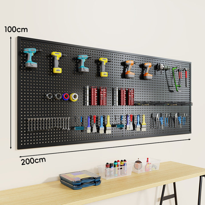 Wall-Mounted Perforated Metal Tool Pegboard Organizer Panel with Modular Hooks and Wire Baskets