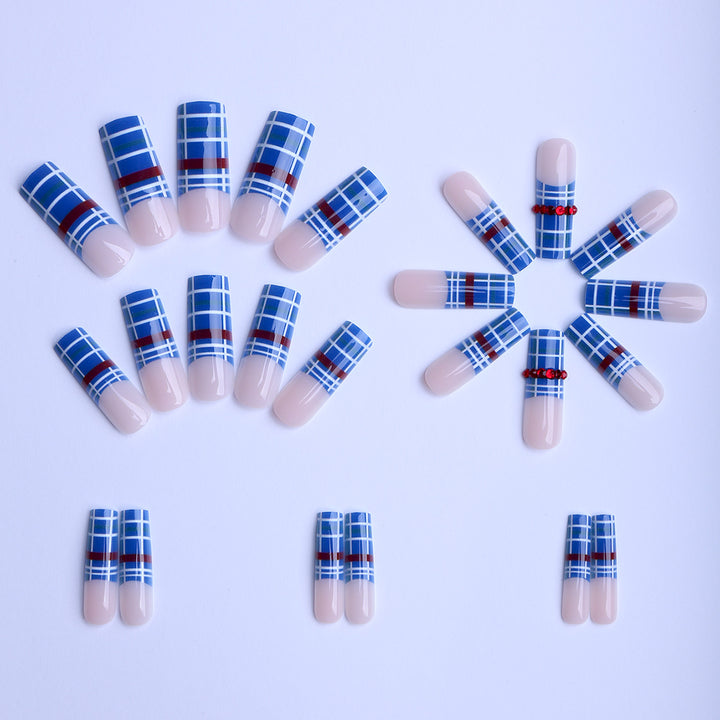 Artificial nails with plaid pattern and glitter stones Kalsten