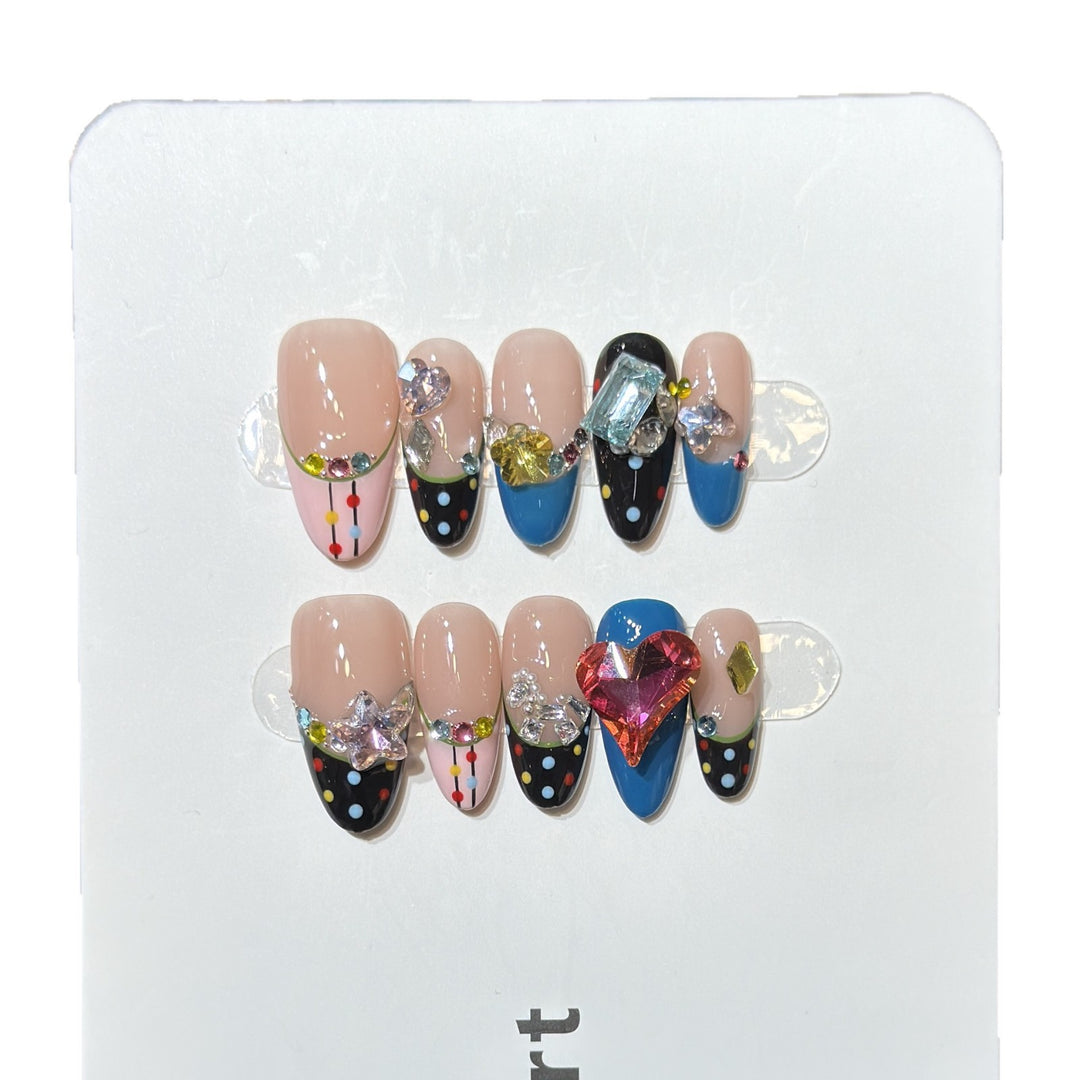 Artistic Press-On Nail Set with Colorful Jewel Accents Kalsten