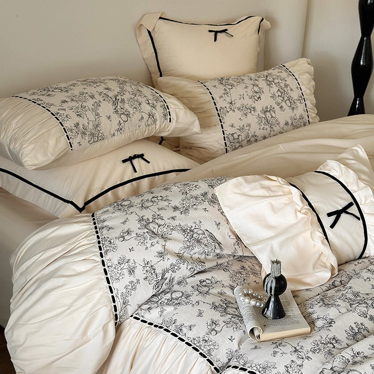 Romantic cotton percale bedding set with fine toile print and ruffle trim