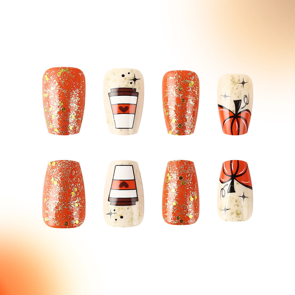 Seasonal Pumpkin-Themed Press-On Nail Art Design Kalsten
