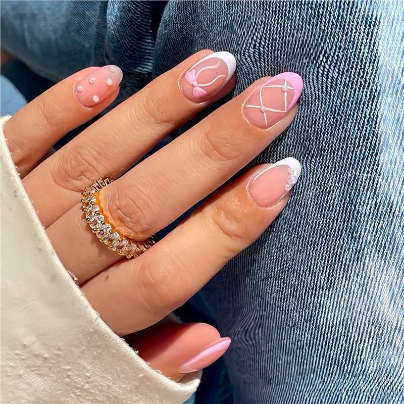 Elegant Decorative Press-On Nail Set with Bow and Pearl Accents Kalsten