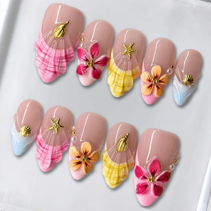 Artificial nail set with colorful flower designs and glitter details Kalsten