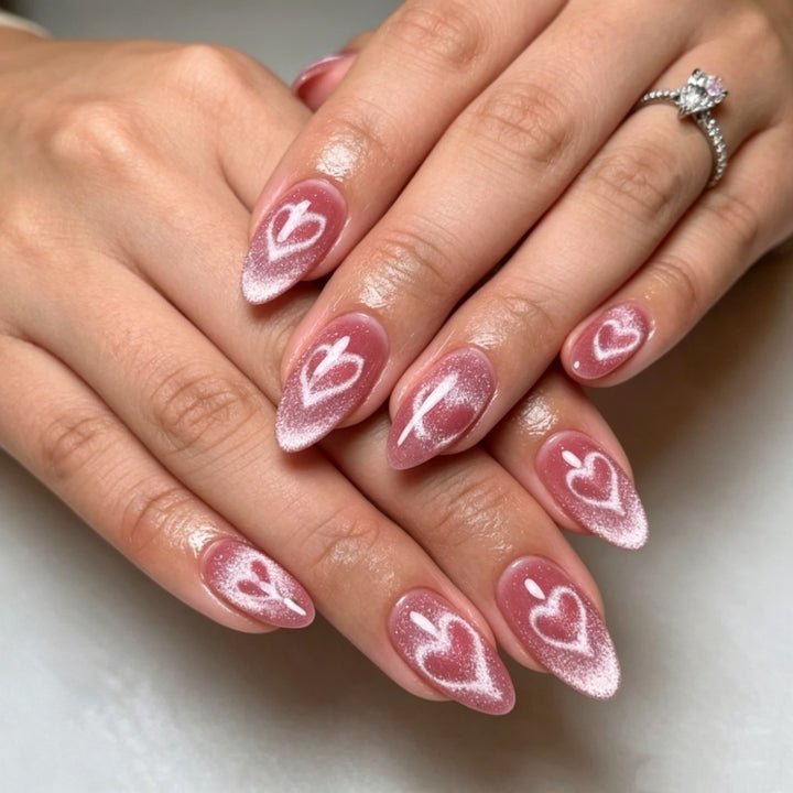 Artistic Almond-Shaped Press-On Nails with Heart Designs Kalsten