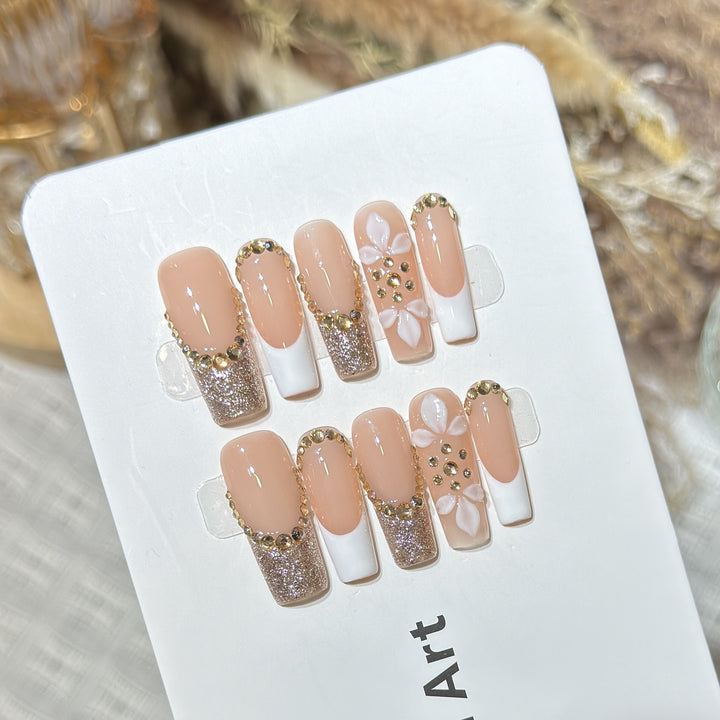 Luxurious Glittery Press-On Nail Art Set with Decorative Floral Accents Kalsten