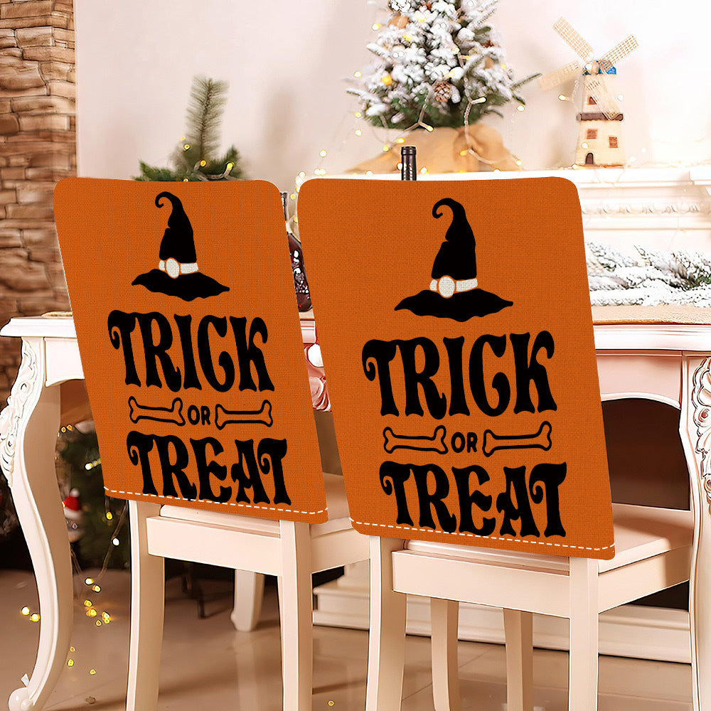 festive Halloween chair covers made of stretchable polyester with witch hat and lettering design