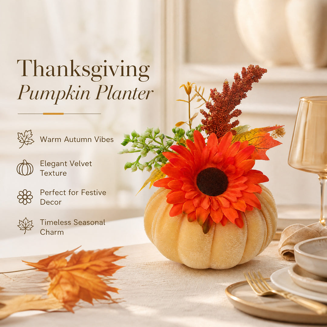 Samt-Pumpkin Table Decoration with Artificial Sunflower Arrangement