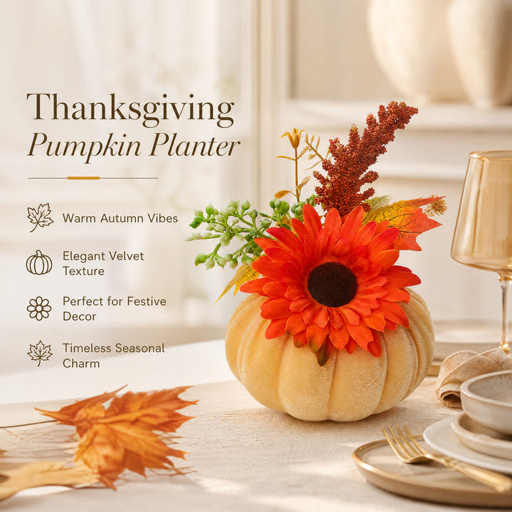 Samt-Pumpkin Table Decoration with Artificial Sunflower Arrangement