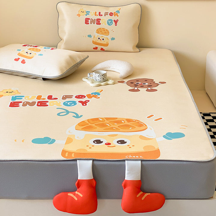 Children's tension cover with anti-slip, cartoon breakfast print, and 3D boot applications