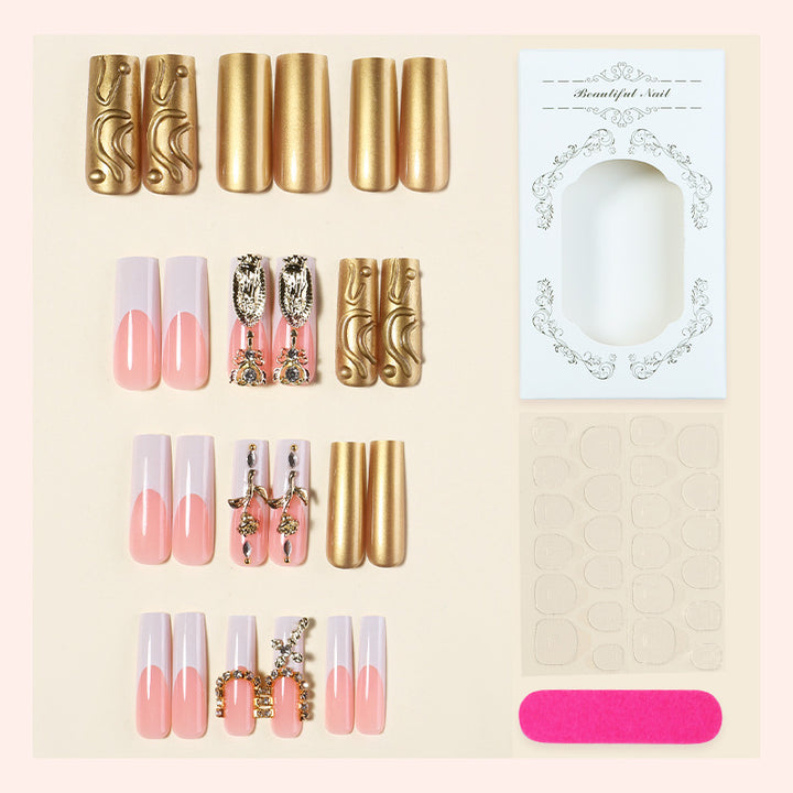 Decorative Press-On Nail Set with Stylish Gold Accents kalsten