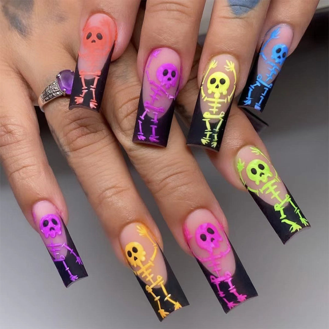 Creative Halloween Art Nail Set with Skeleton Hearts and Glowing Accents Kalsten