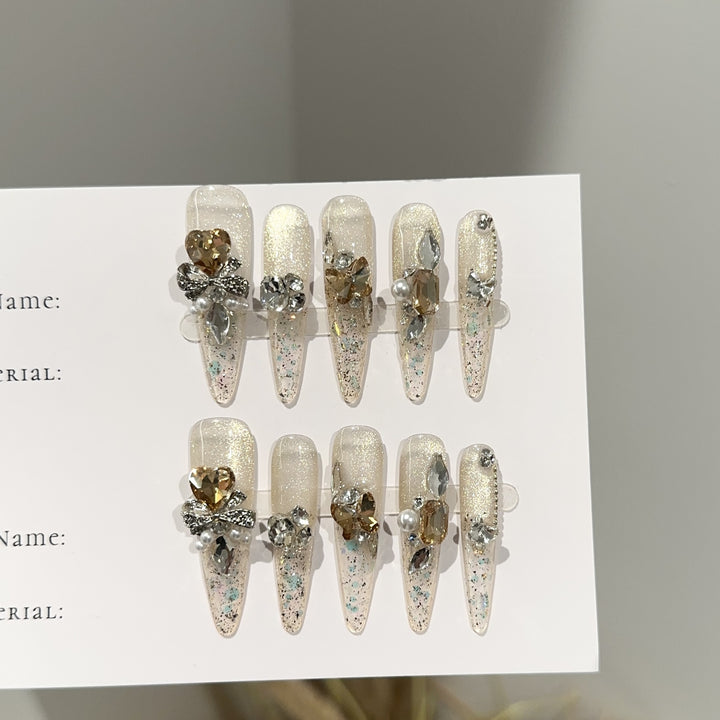 Elegant Stiletto Press-On Nail Set with Gemstone Accents