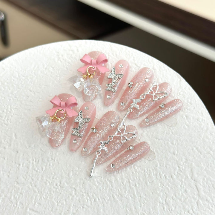 Decorative Rhinestone and Bow Press-On Nail Set