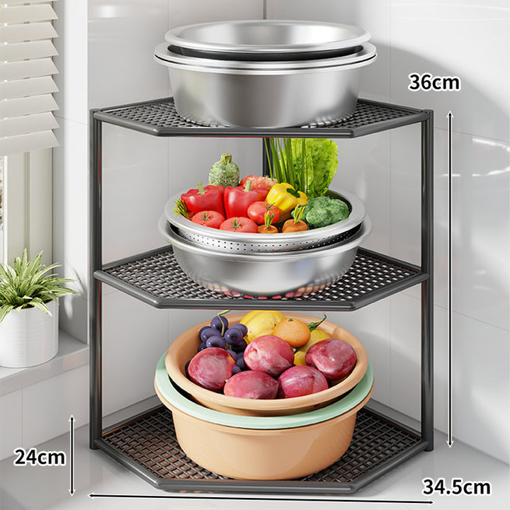 Three-Tier Corner Kitchen Countertop Organizer Shelf with Ventilated Metal Trays