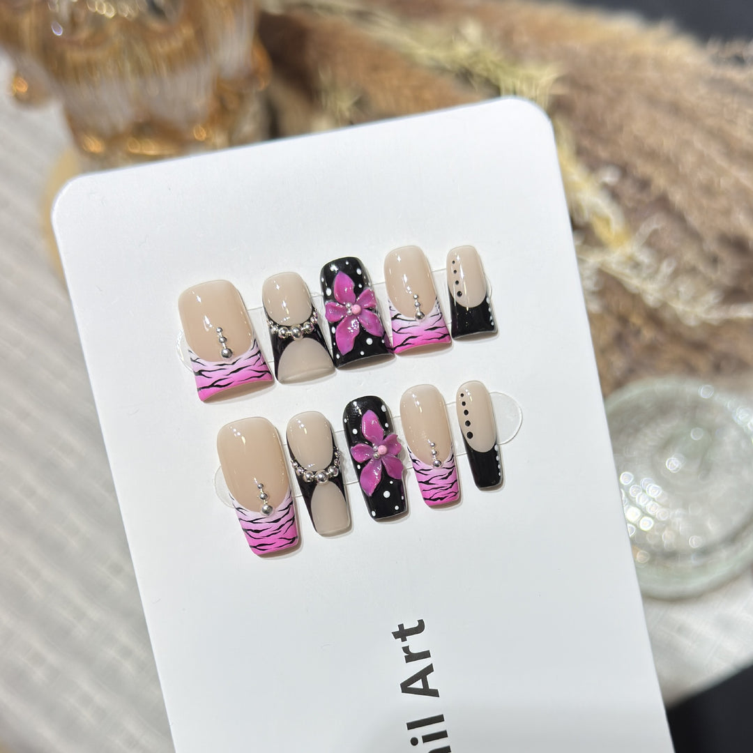 Decorative Press-On Nail Set with Floral and Striped Design Kalsten