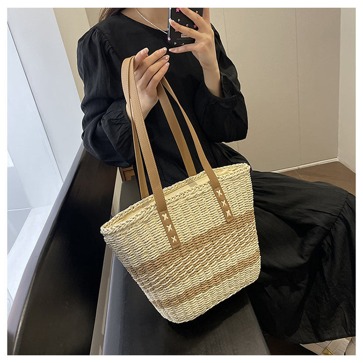 Woven Natural Material Handbag with Leather Accents Kalsten