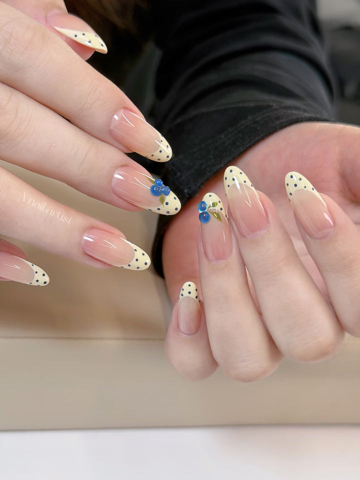 Artistic Press-On Nail Art Set with Polka Dot and Blue Gem Accents