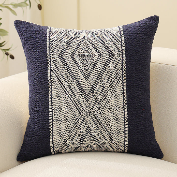 Square woven decorative cushion cover with central ethnic jacquard stripe and textured cotton blend