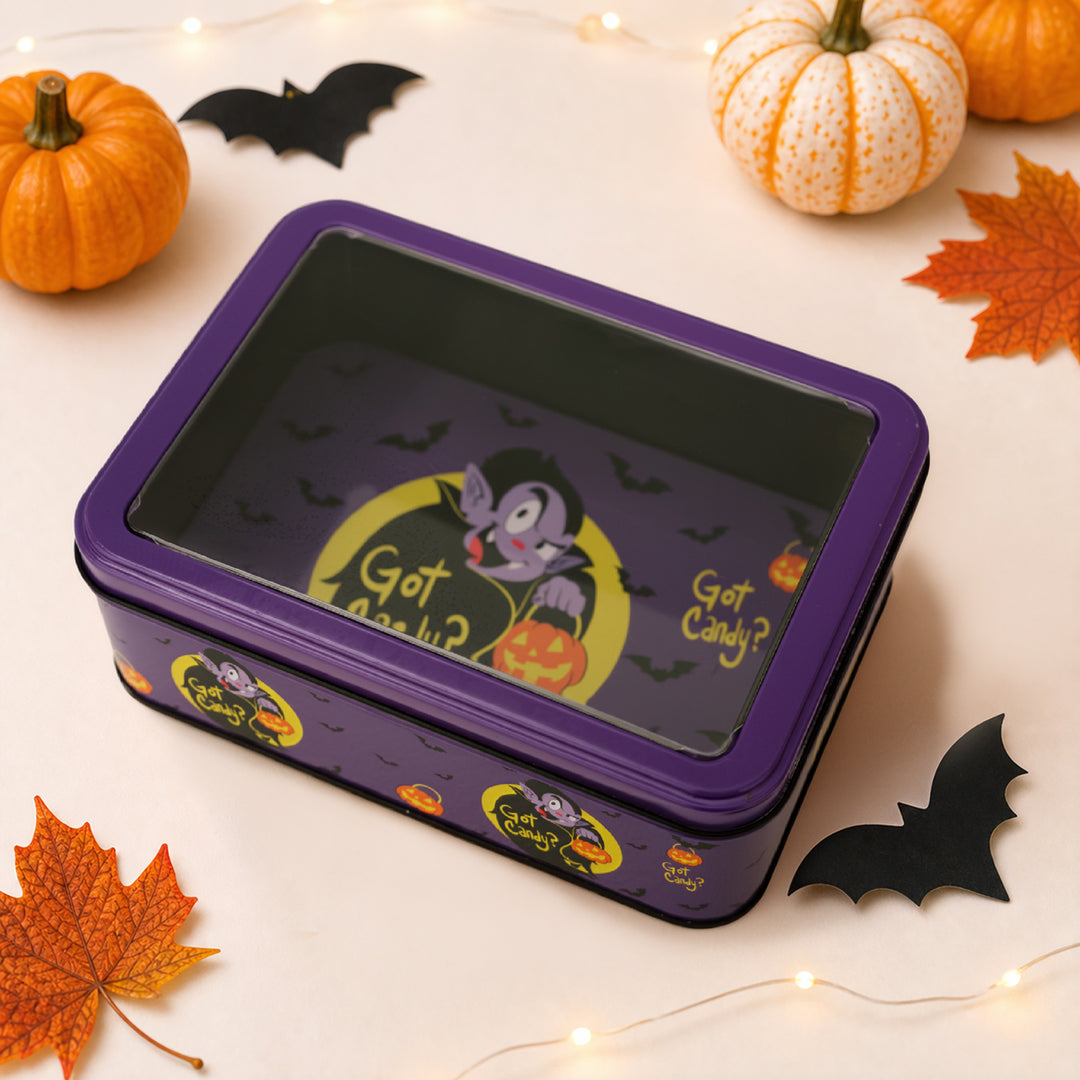 Halloween Metal Box with Viewing Window and Witch Motif
