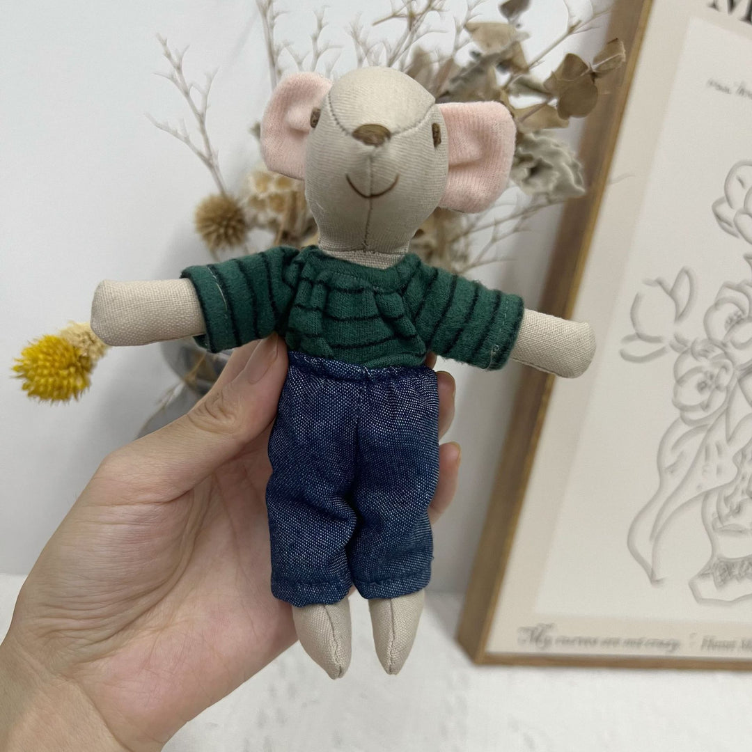 Handcrafted Linen Mouse Plush Doll with Striped Knit Shirt and Denim Pants