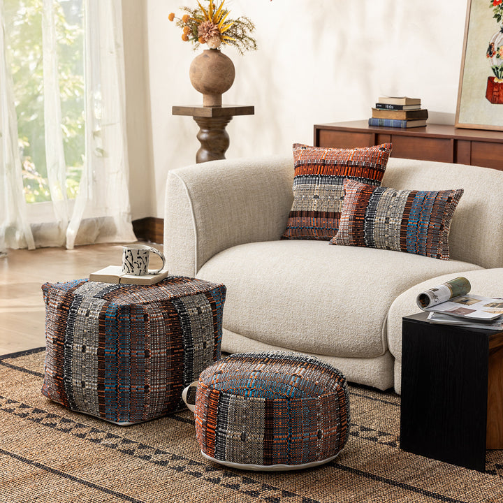 Round woven seat pouf made of durable cotton mix with practical carrying handle Kalsten