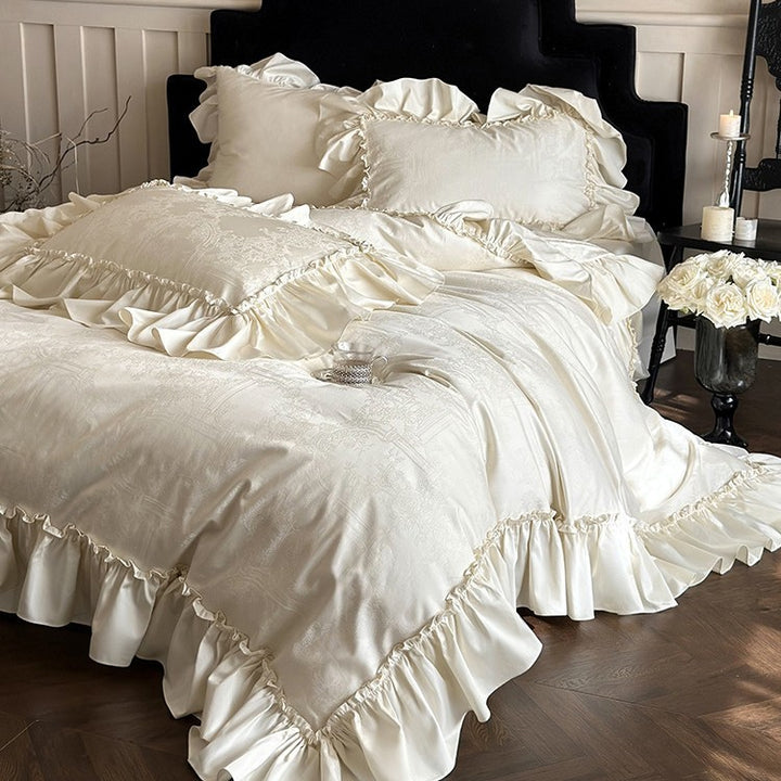 Elegant bed linen set made of satin-like jacquard with ruffle edge
