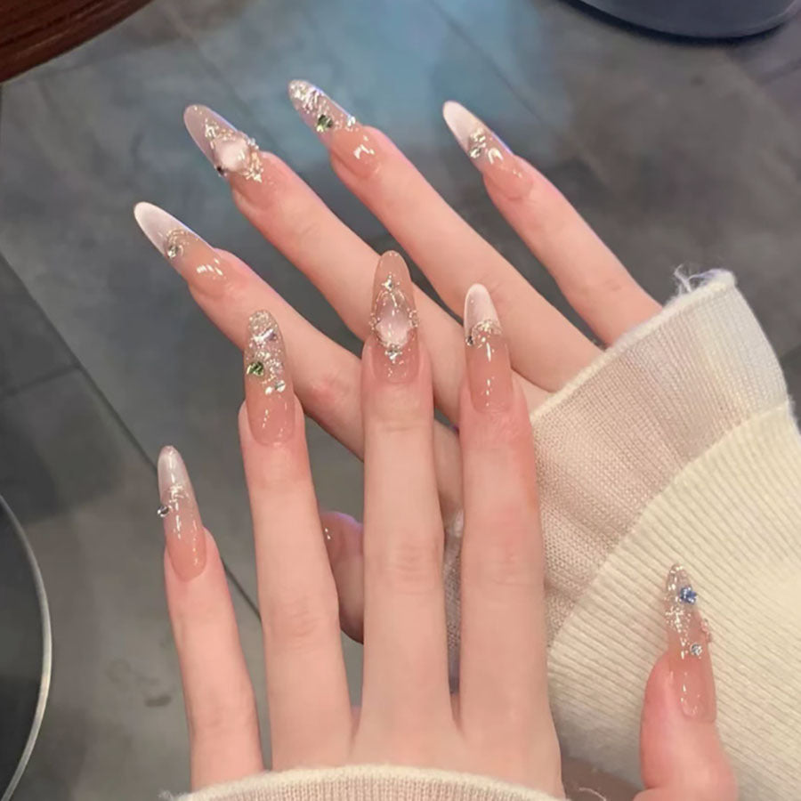 Decorative Long Stiletto Press-On Nails with Rhinestone Accents