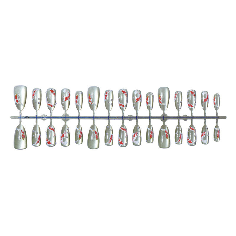 Artificial nail set with filigree koi fish designs and glitter accents Kalsten