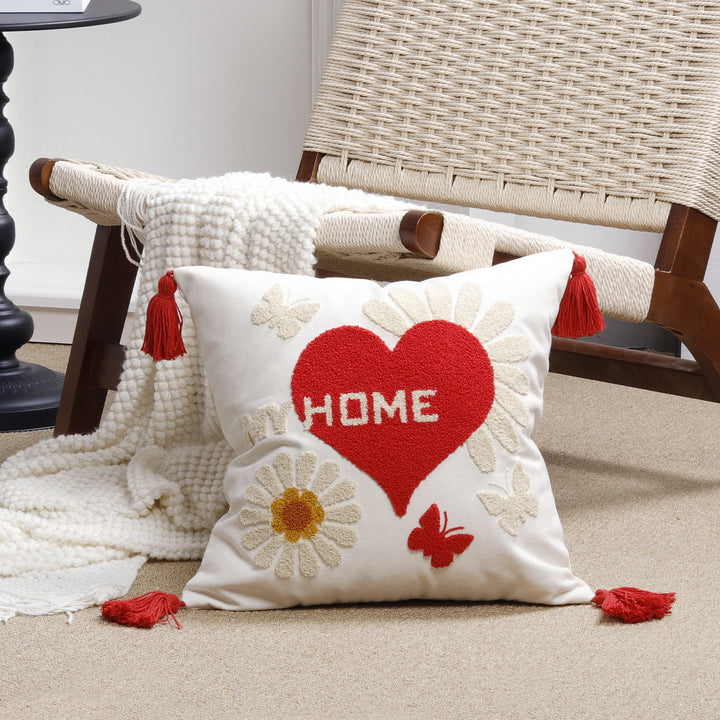 Tufted Hooked Heart and Daisy Accent Throw Pillow Cover with Tassel Corners