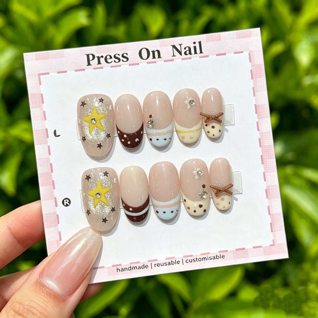 Creative Press-On Nail Art Set with Decorative Star and Polka Dot Designs